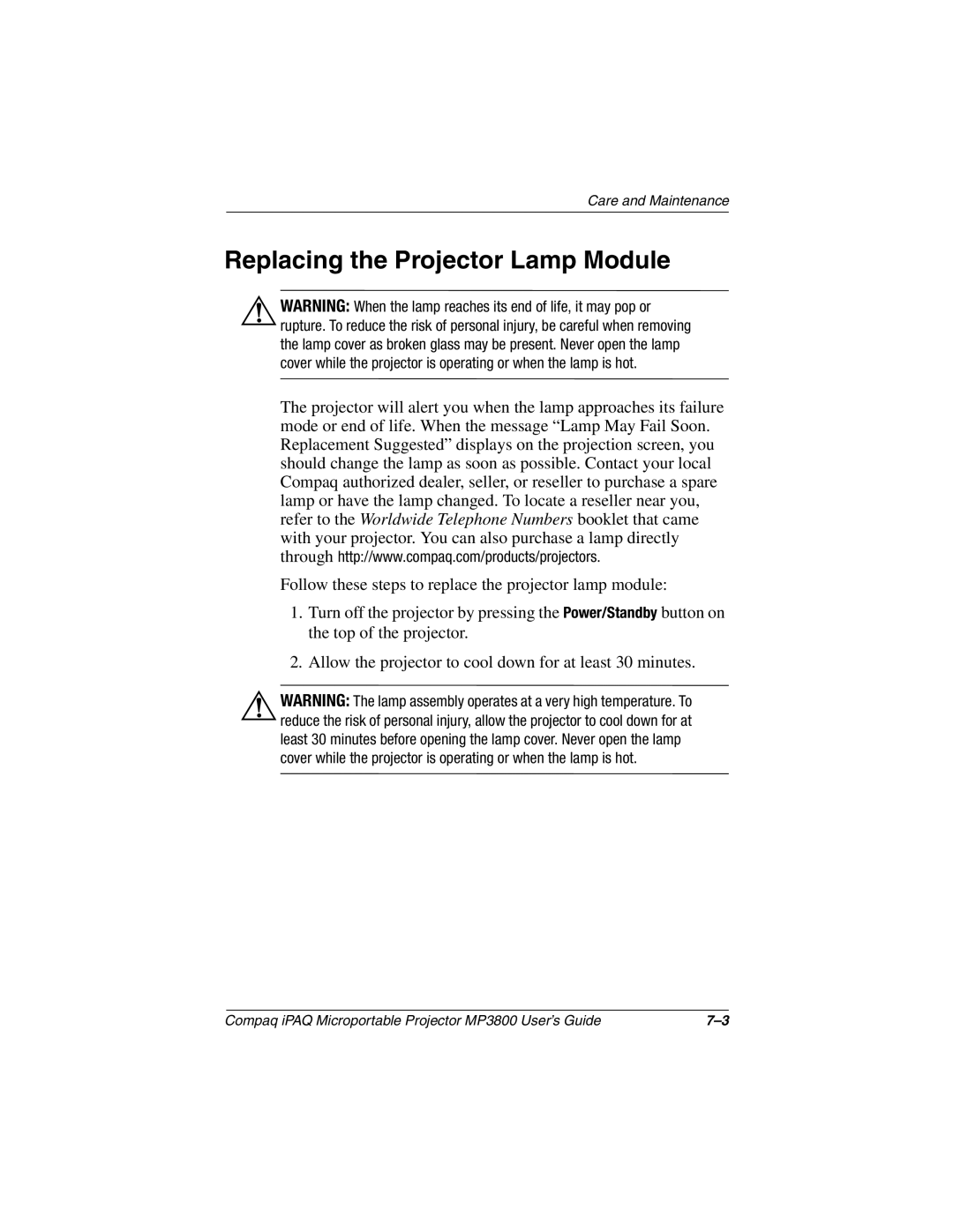 HP MP3800 manual Replacing the Projector Lamp Module 