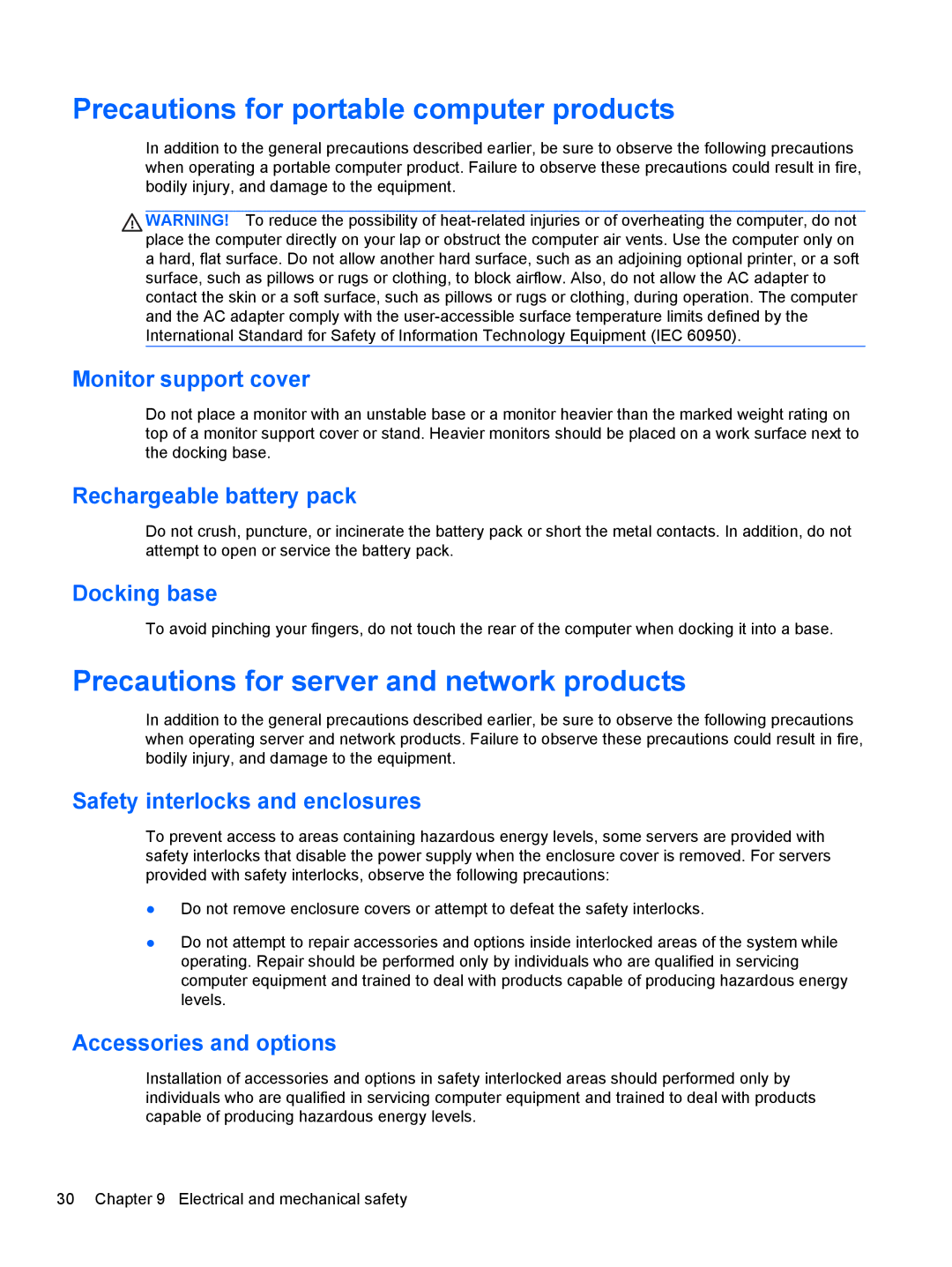 HP MP4 Model 4200 manual Precautions for portable computer products, Precautions for server and network products 