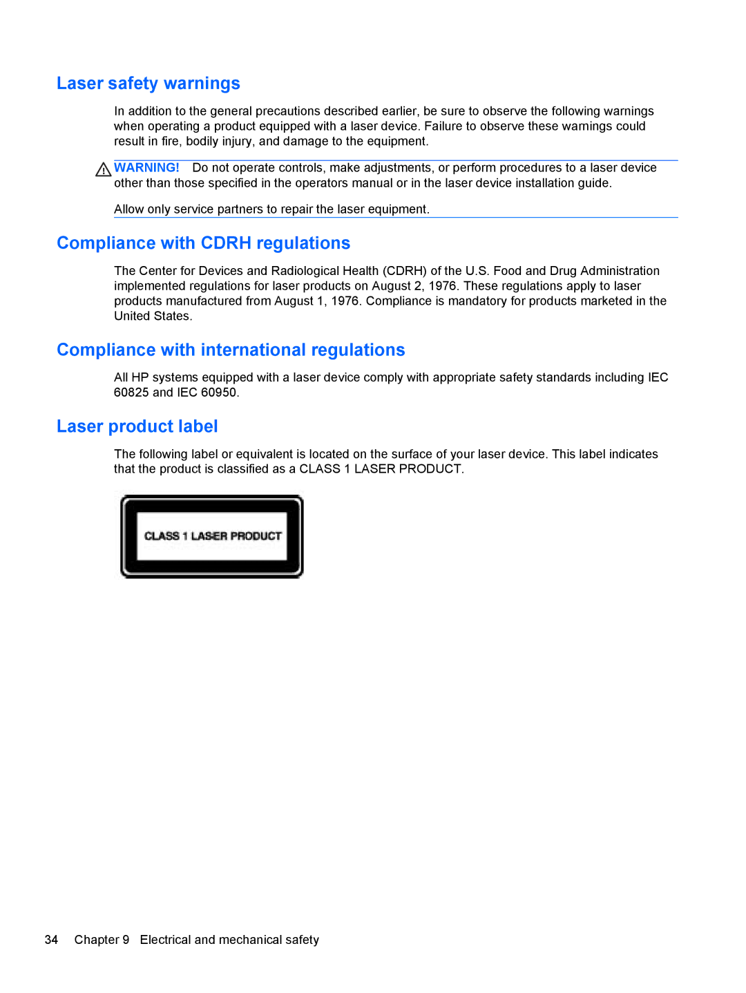 HP MP4 Model 4200 manual Laser safety warnings, Compliance with Cdrh regulations, Compliance with international regulations 