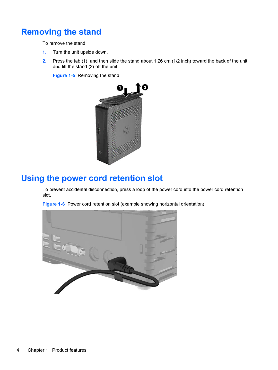 HP MP4 manual Removing the stand, Using the power cord retention slot 