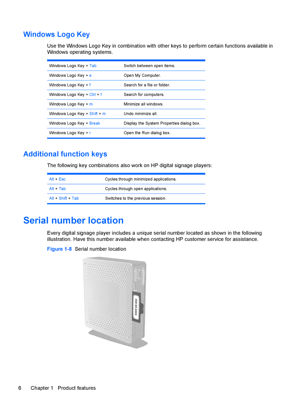 HP MP4 manual Serial number location, Windows Logo Key, Additional function keys 