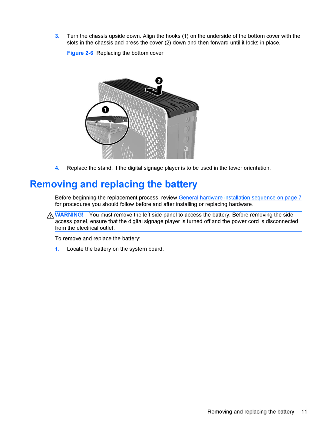 HP MP4 manual Removing and replacing the battery 