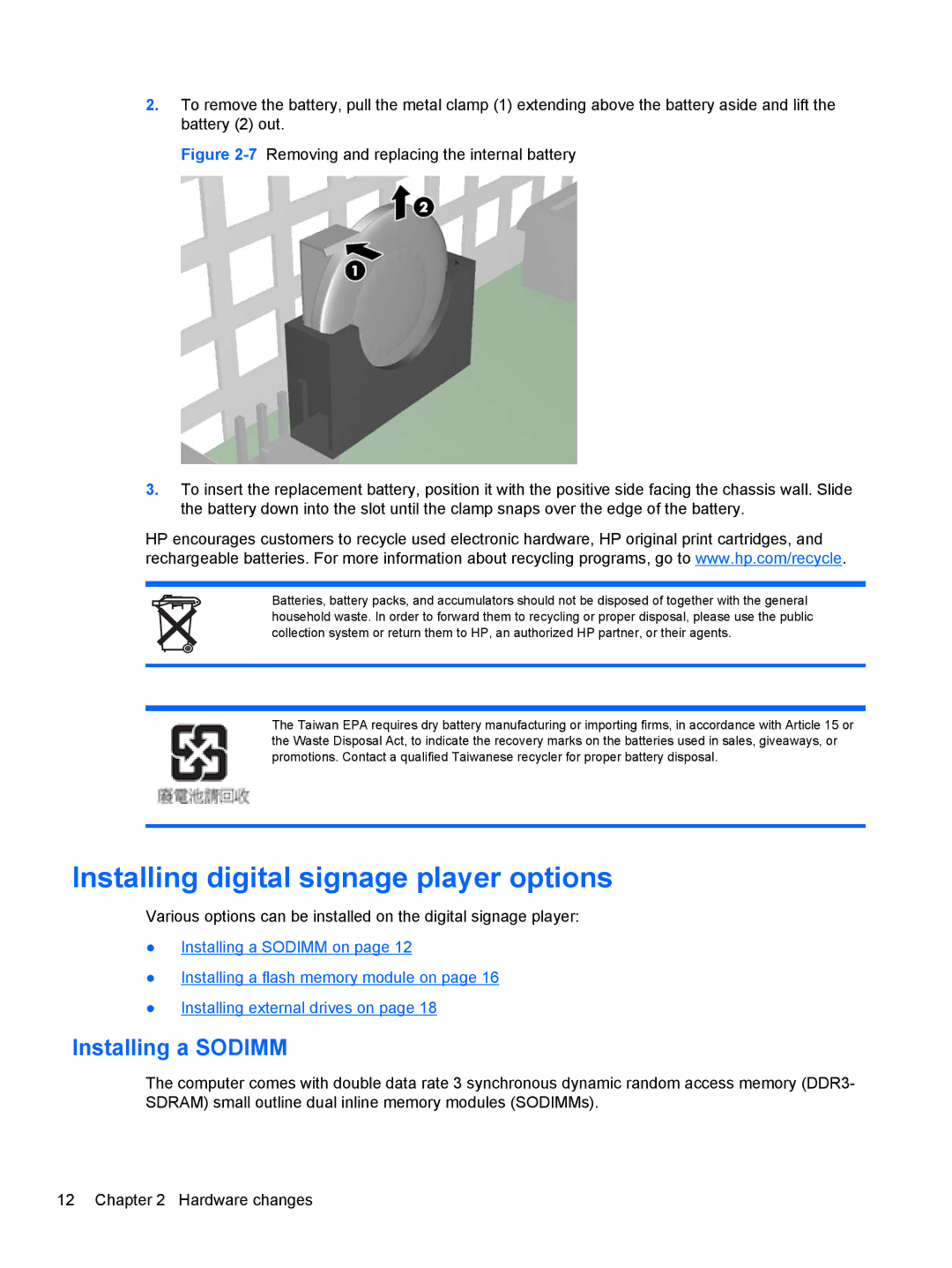 HP MP4 manual Installing digital signage player options, Installing a Sodimm 