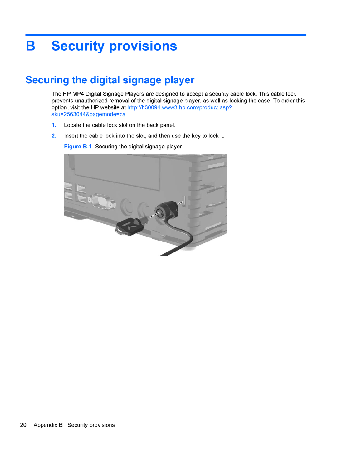 HP MP4 manual Security provisions, Securing the digital signage player 