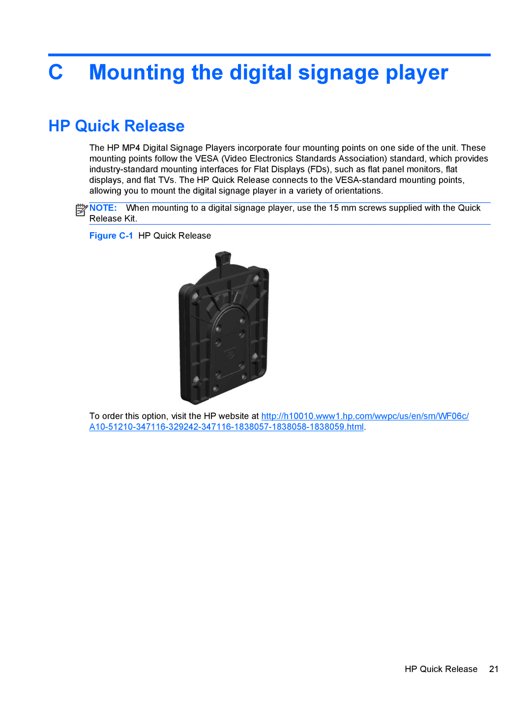 HP MP4 manual Mounting the digital signage player, HP Quick Release 