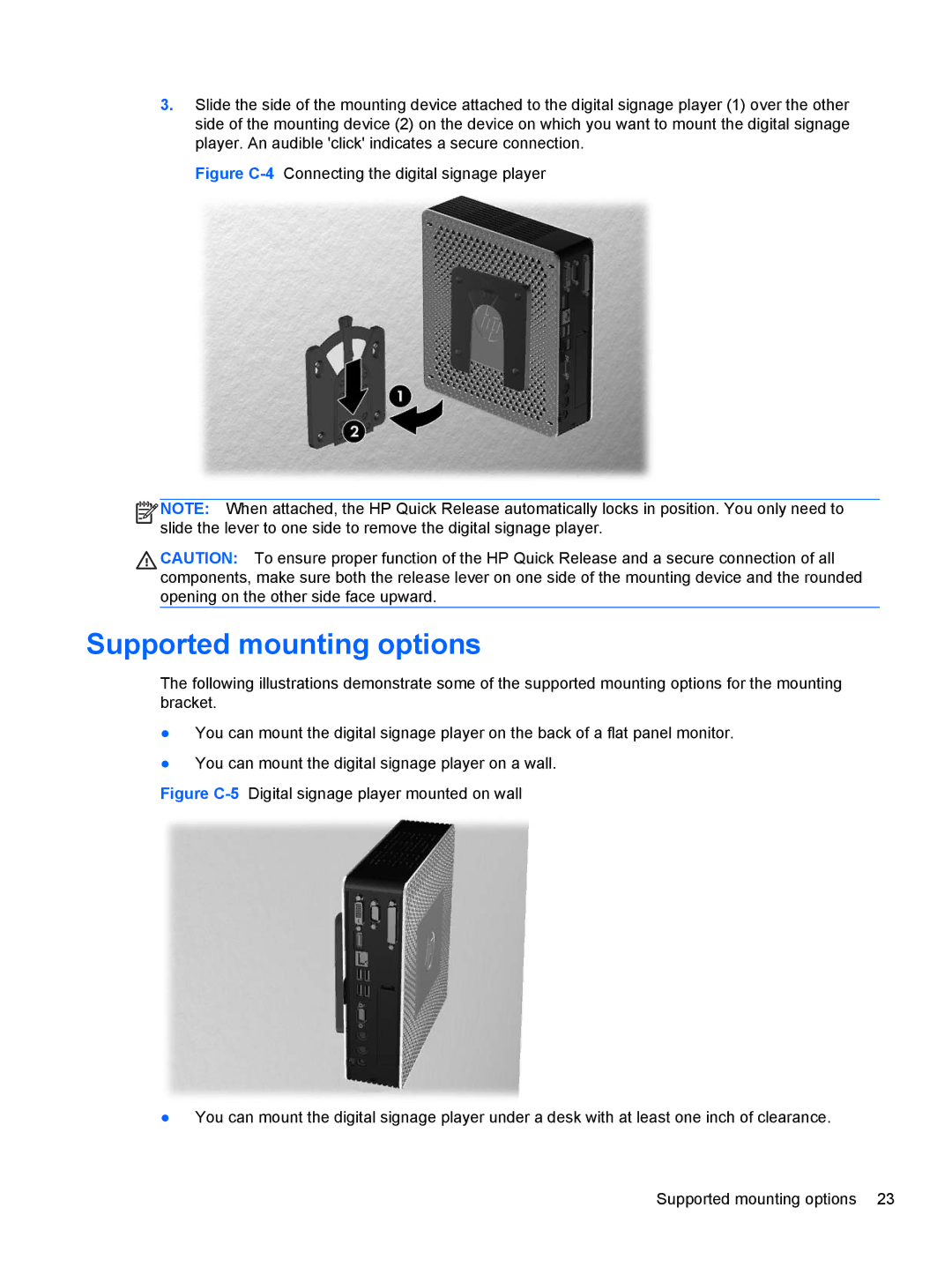 HP MP4 manual Supported mounting options, Figure C-4Connecting the digital signage player 