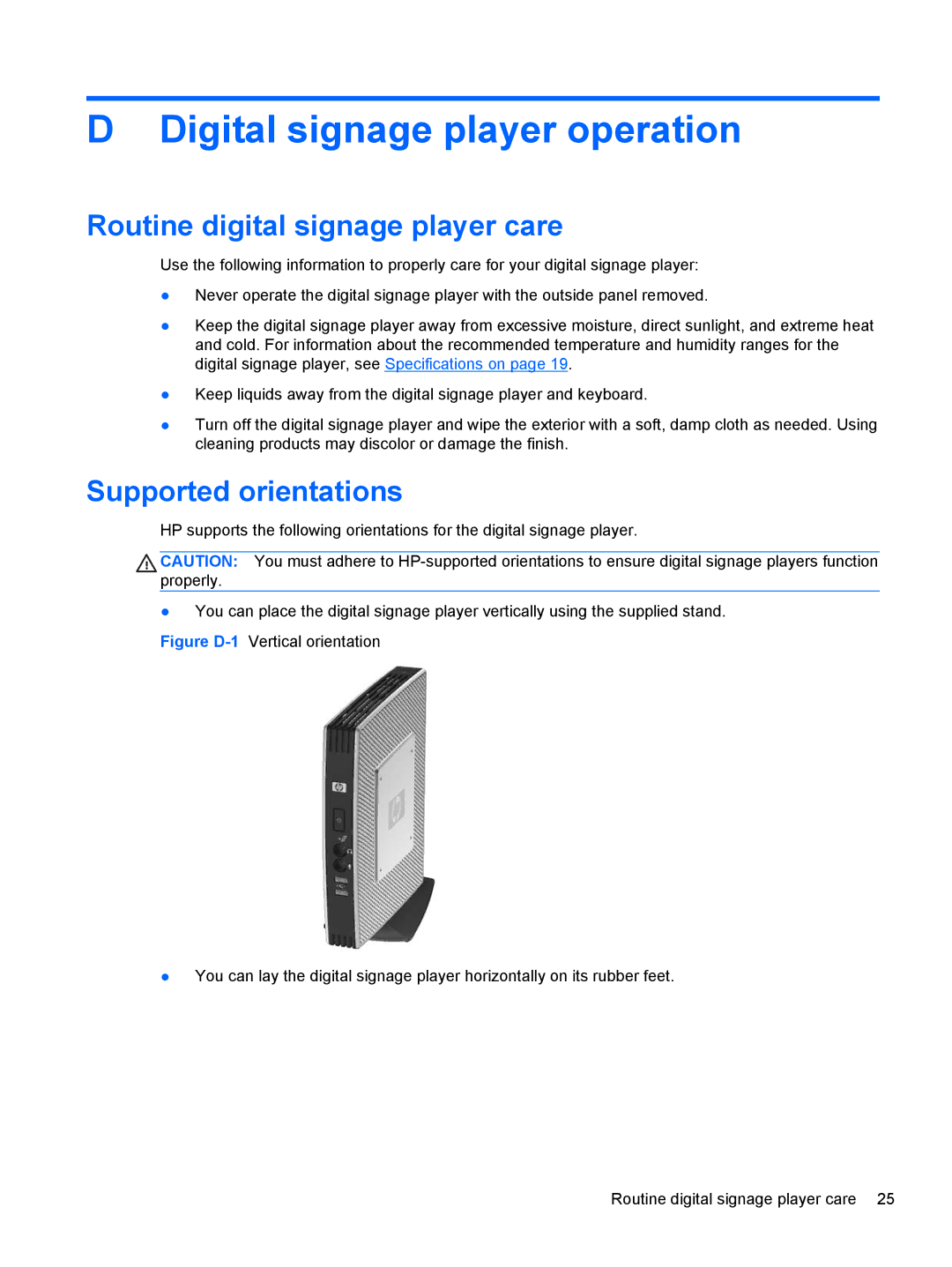 HP MP4 manual Digital signage player operation, Routine digital signage player care, Supported orientations 