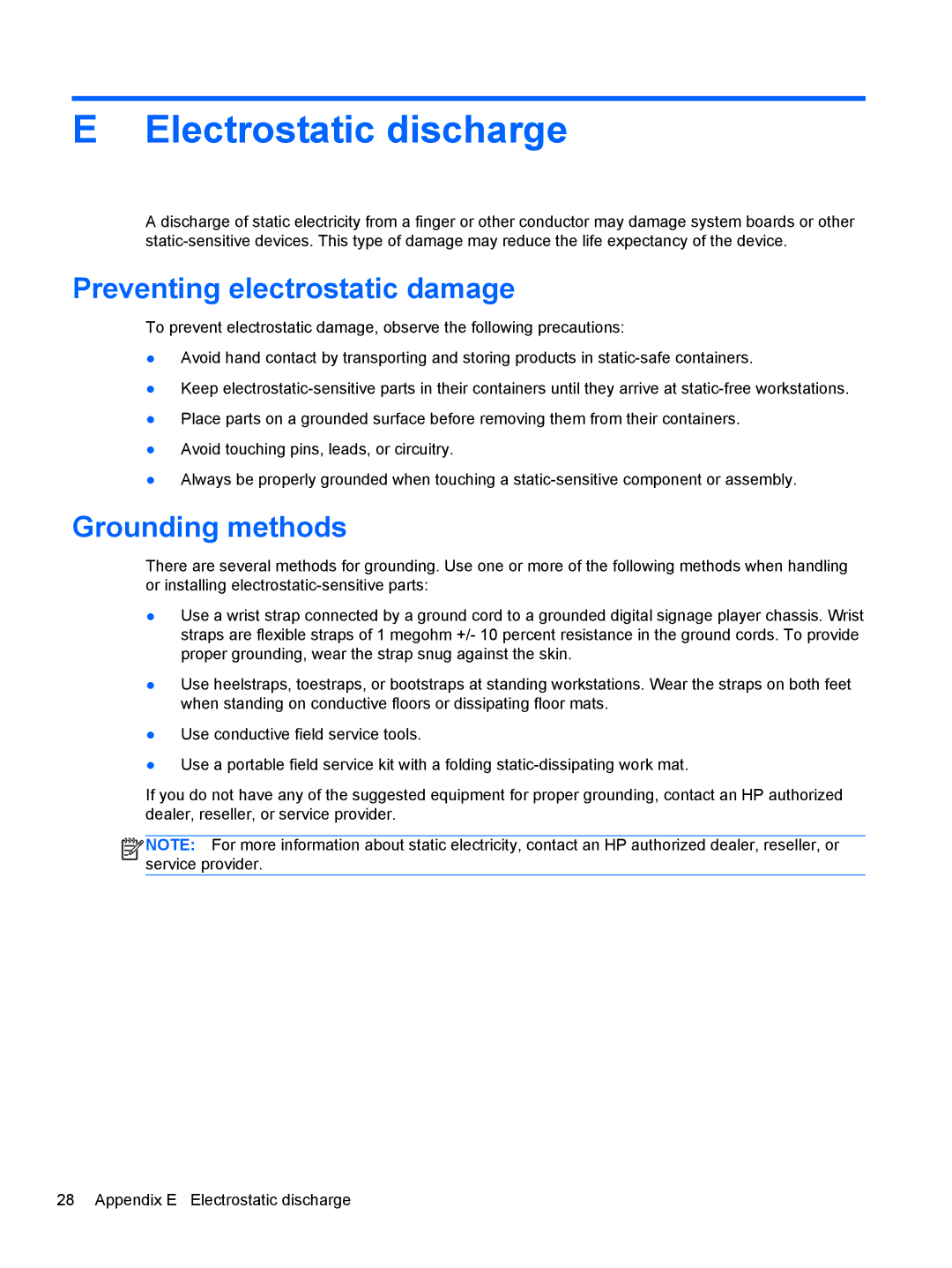 HP MP4 manual Electrostatic discharge, Preventing electrostatic damage, Grounding methods 