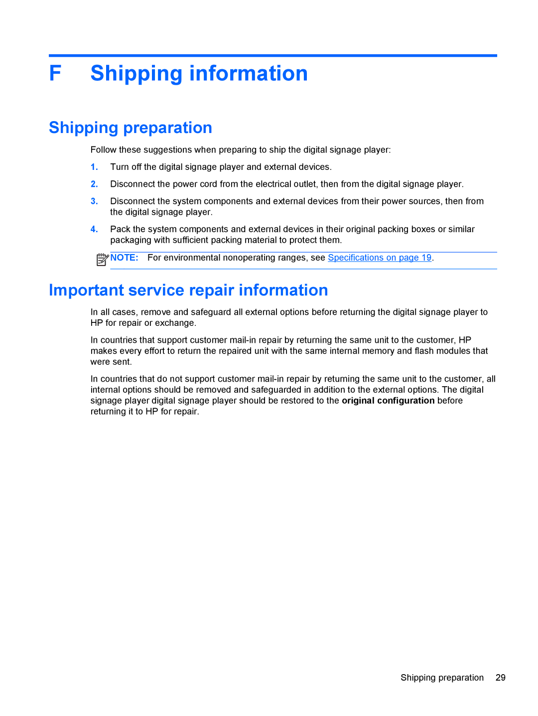 HP MP4 manual Shipping information, Shipping preparation, Important service repair information 