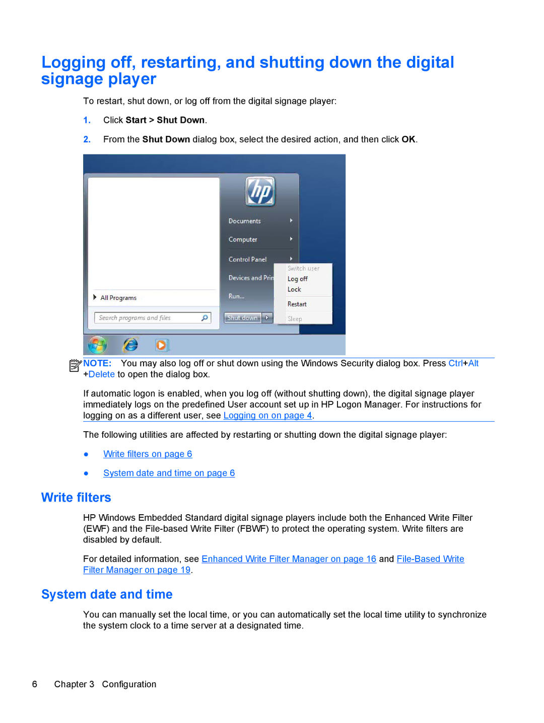 HP MP6 Base Model manual Write filters, System date and time, Click Start Shut Down 