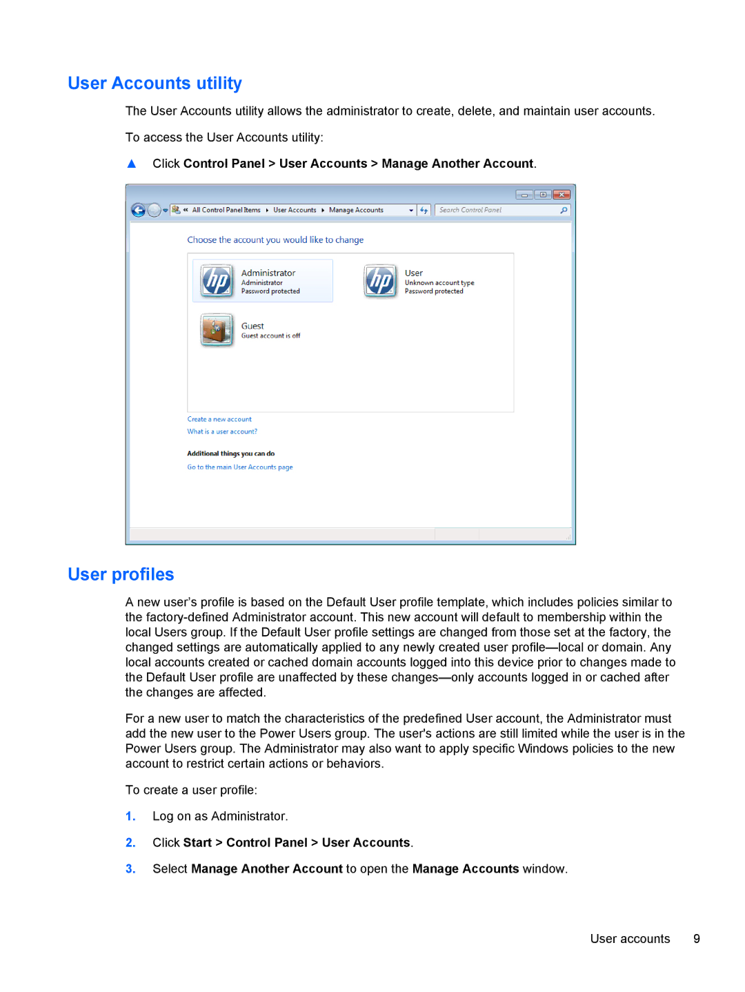 HP MP6 Base Model manual User Accounts utility, User profiles, Click Control Panel User Accounts Manage Another Account 