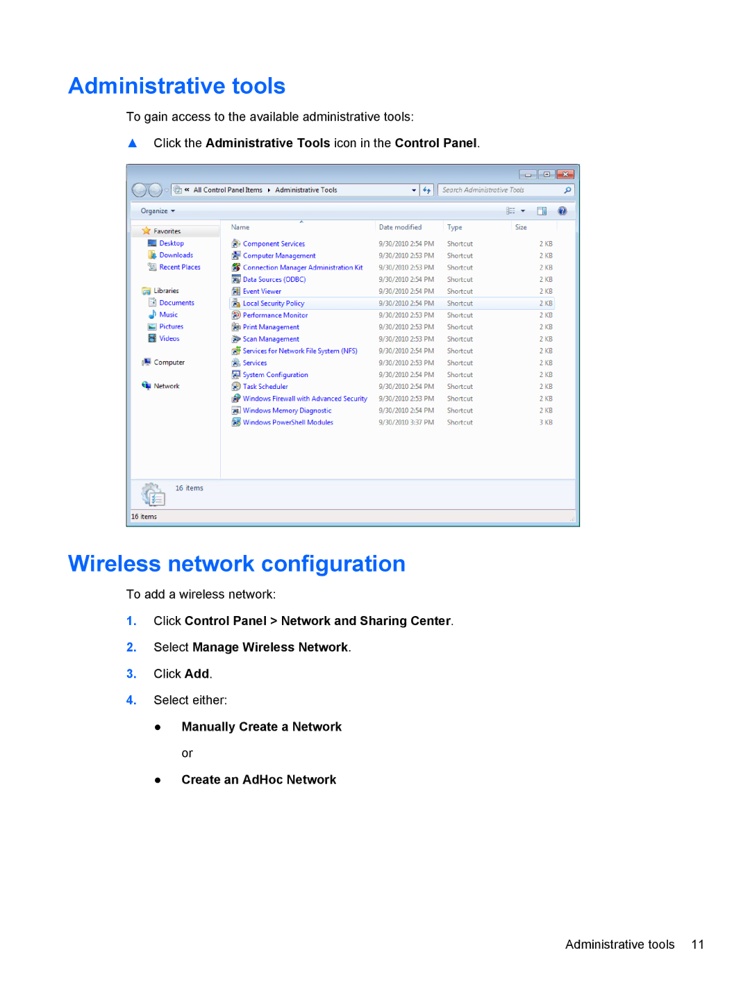 HP MP6 Base Model manual Administrative tools, Wireless network configuration 