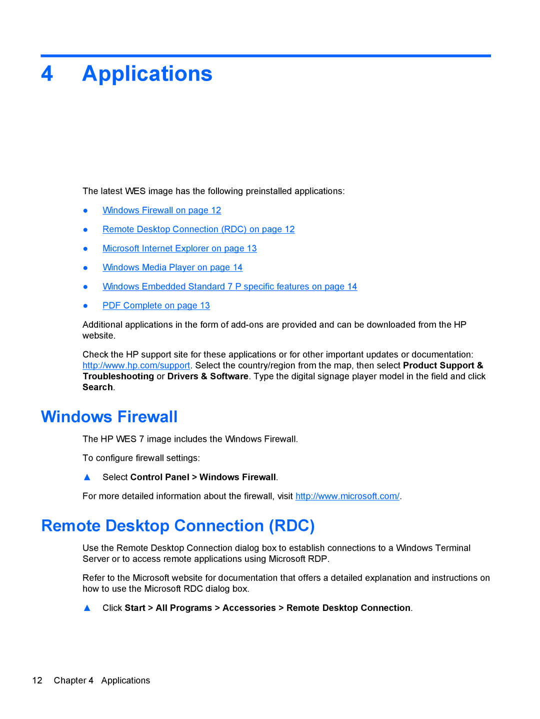 HP MP6 Base Model manual Applications, Remote Desktop Connection RDC, Select Control Panel Windows Firewall 