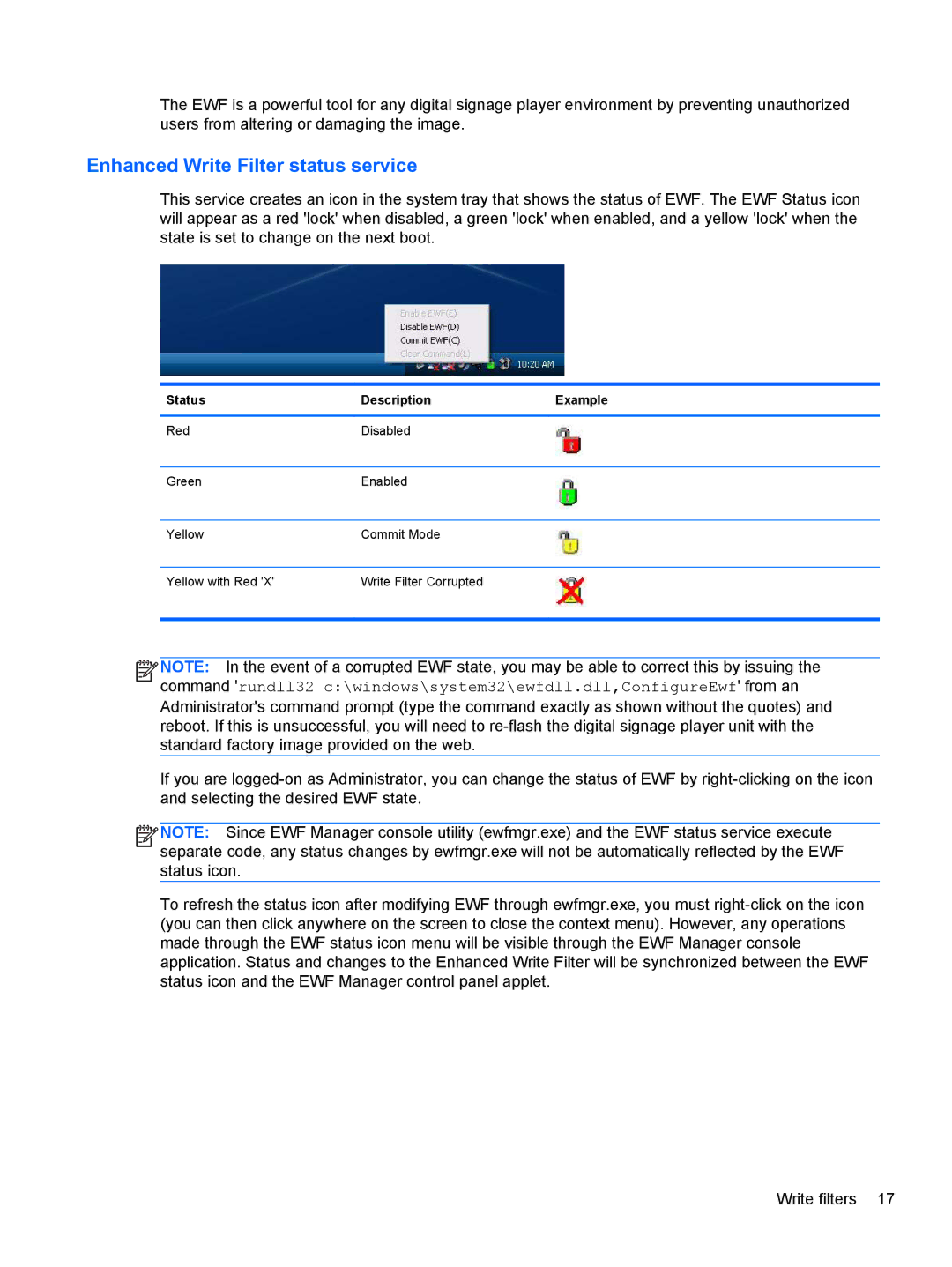 HP MP6 Base Model manual Enhanced Write Filter status service 