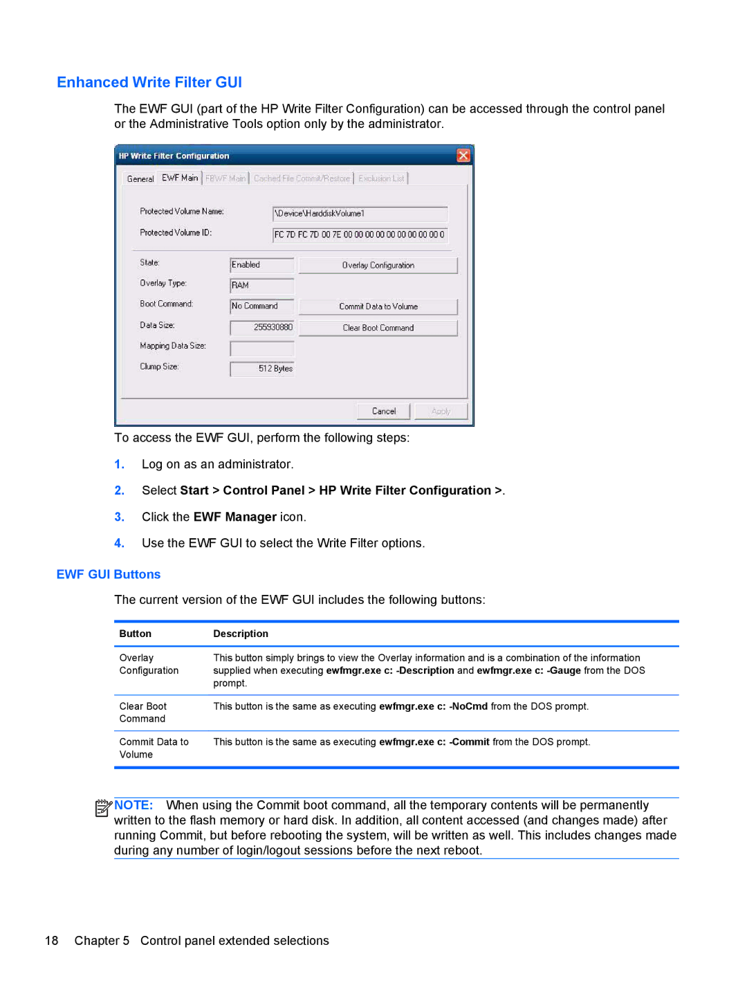 HP MP6 Base Model manual Enhanced Write Filter GUI, EWF GUI Buttons 