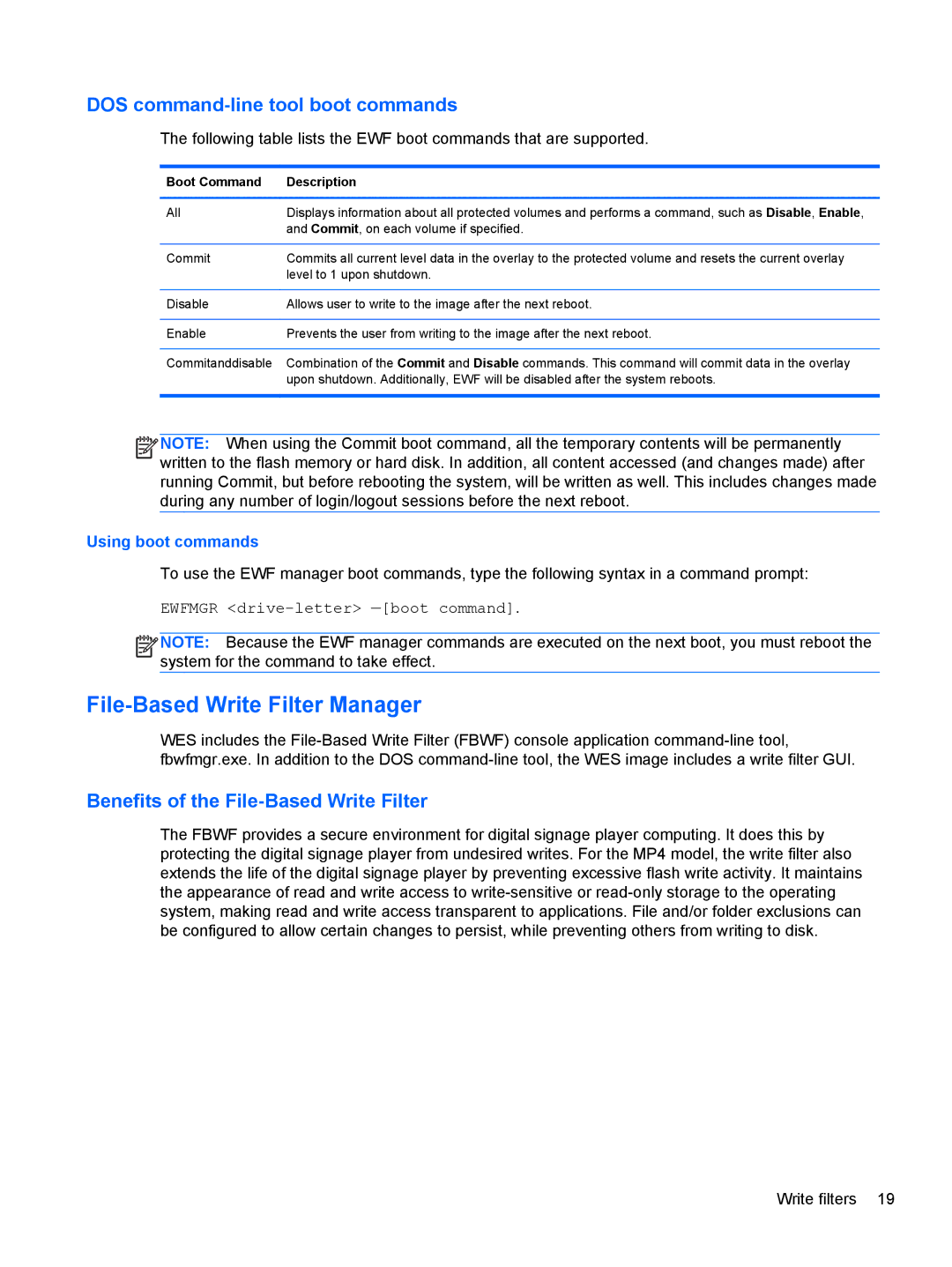 HP MP6 Base Model manual File-Based Write Filter Manager, DOS command-line tool boot commands 