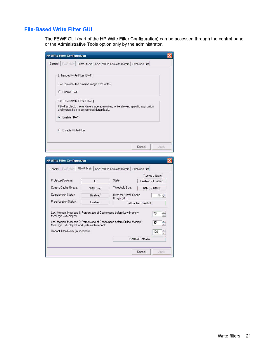 HP MP6 Base Model manual File-Based Write Filter GUI 