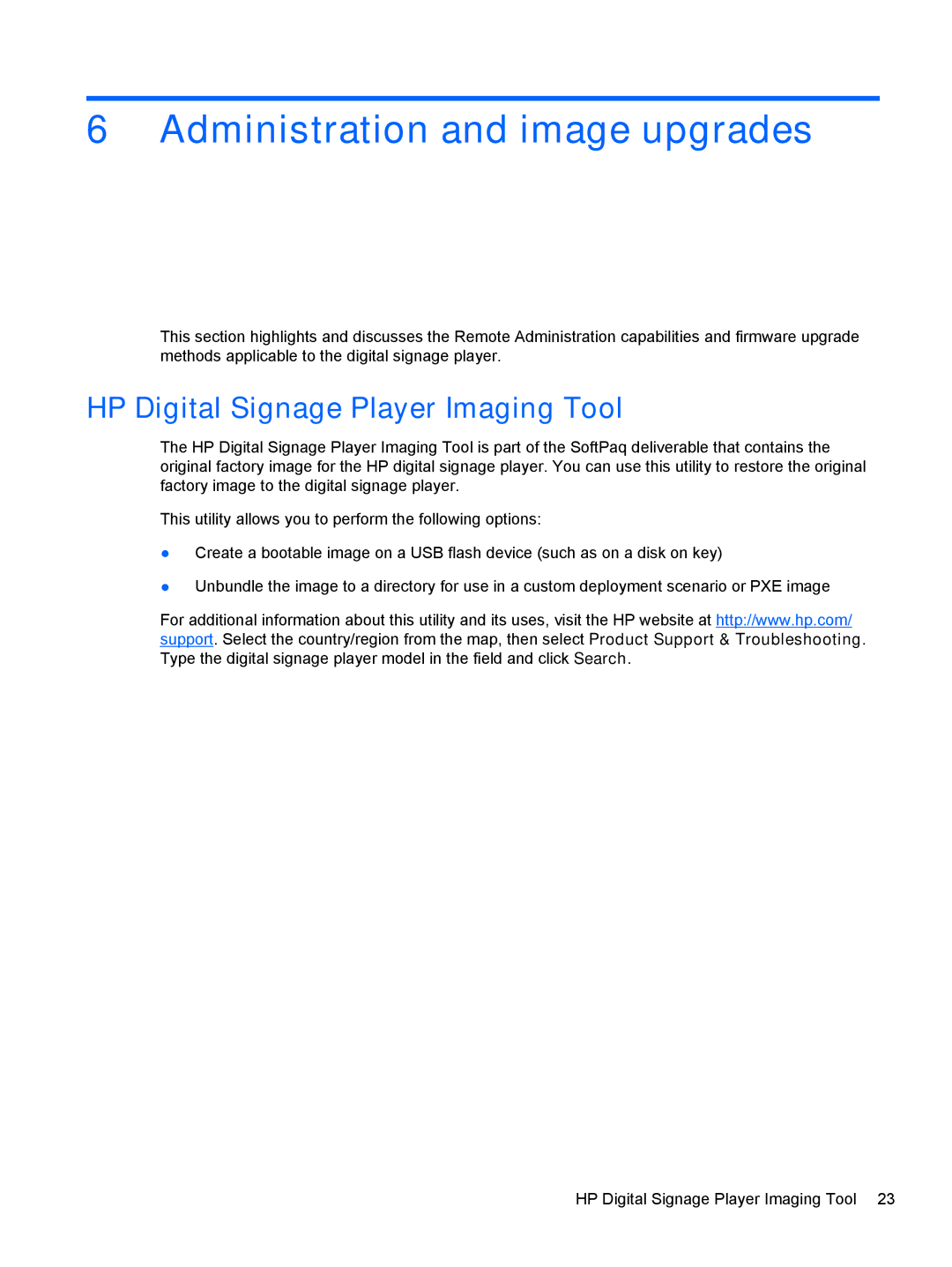 HP MP6 Base Model manual Administration and image upgrades, HP Digital Signage Player Imaging Tool 