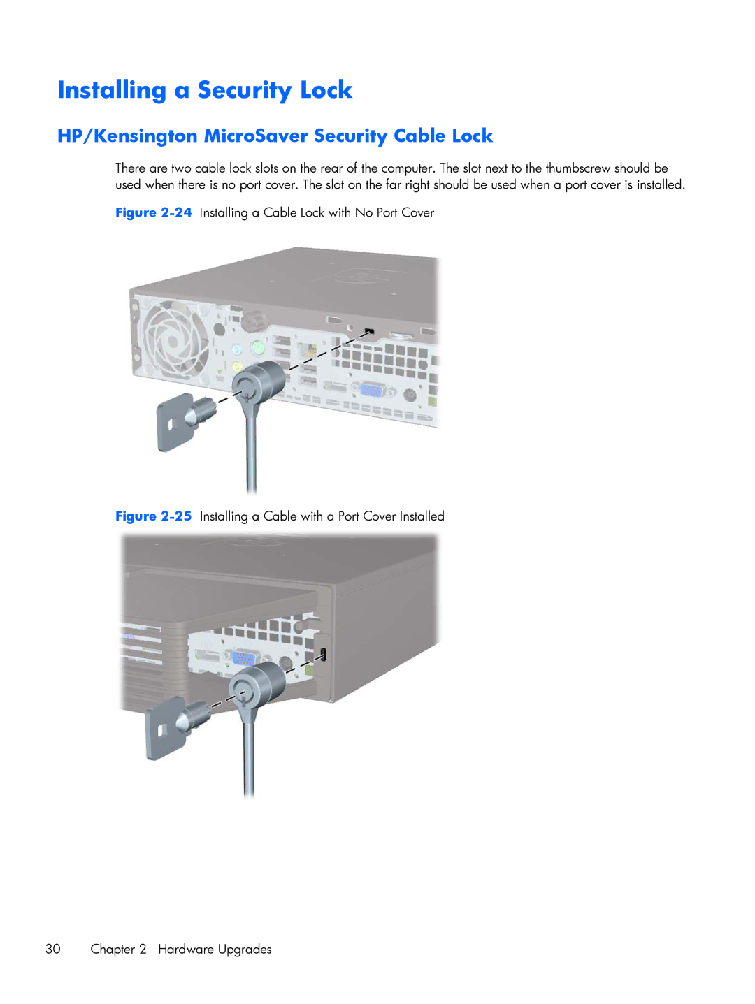 HP mp8200s manual Installing a Security Lock, HP/Kensington MicroSaver Security Cable Lock 