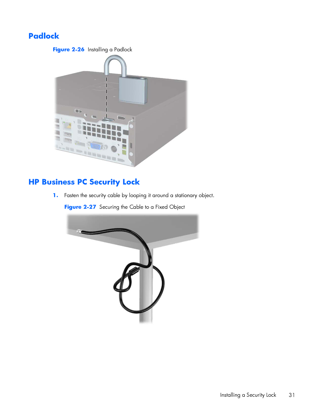 HP mp8200s manual Padlock, HP Business PC Security Lock 