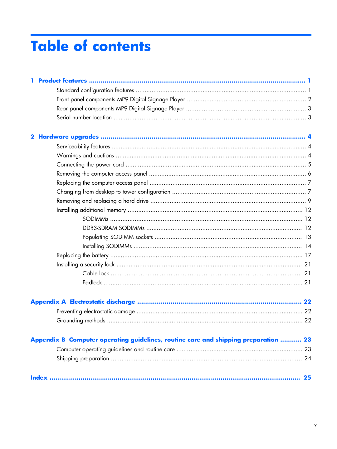 HP MP9 Model 9000 Base Model manual Table of contents 