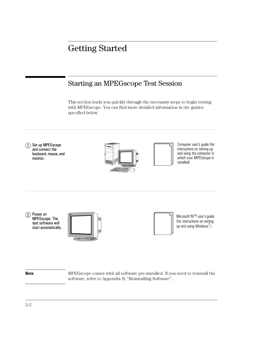 HP manual Starting an MPEGscope Test Session, Software, refer to Appendix B, Reinstalling Software 