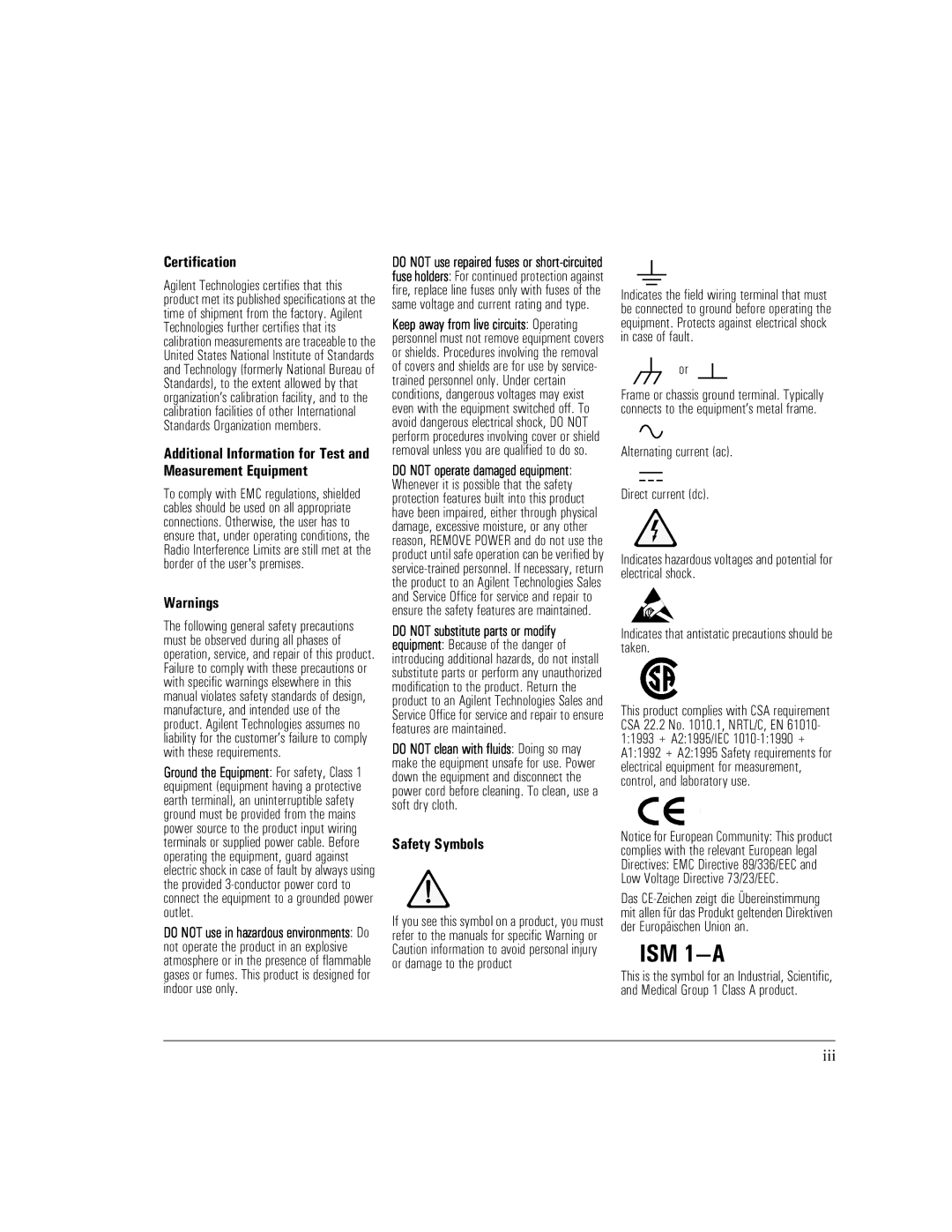 HP MPEGscope manual Certification, Additional Information for Test and Measurement Equipment, Safety Symbols, Iii 