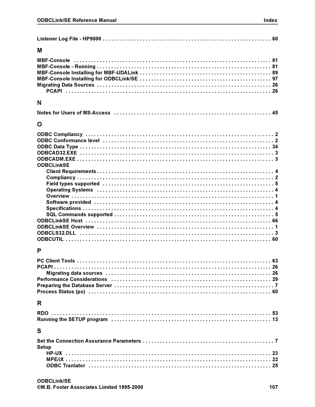 HP MPE/iX 6.x Operating System manual ODBCLink/SE Reference Manual Index Listener Log File HP9000 