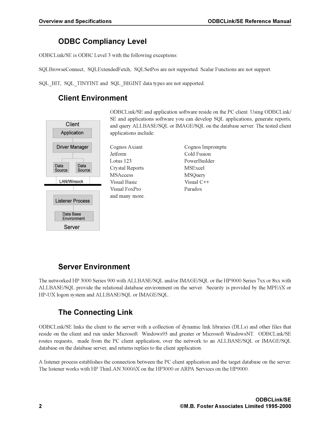 HP MPE/iX 6.x Operating System manual Odbc Compliancy Level, Client Environment, Server Environment, Connecting Link 