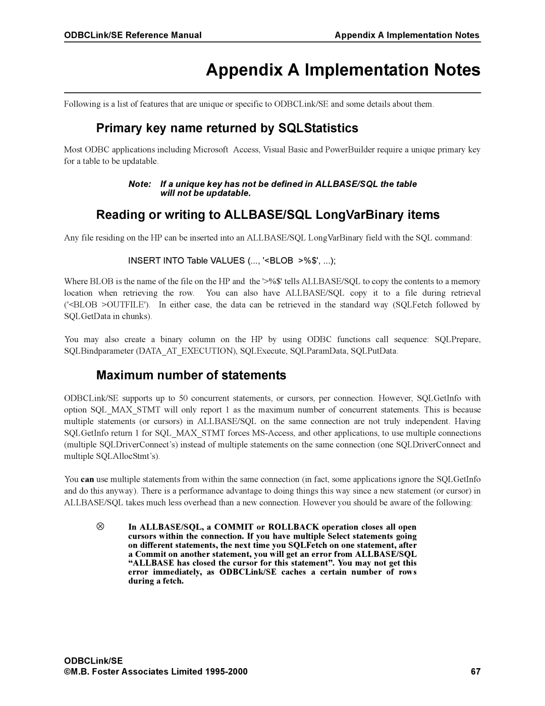 HP MPE/iX 6.x Operating System manual Primary key name returned by SQLStatistics, Maximum number of statements 