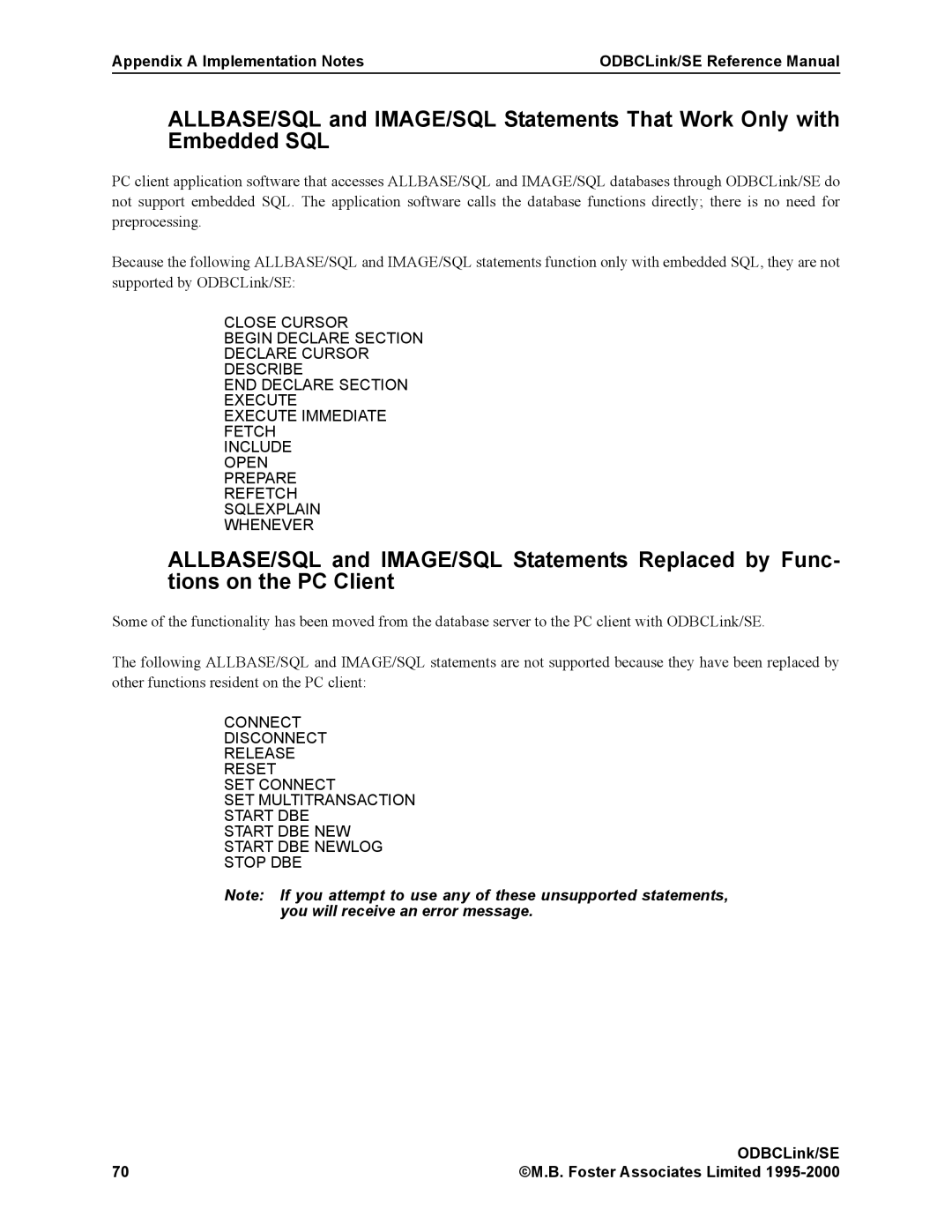 HP MPE/iX 6.x Operating System manual Appendix a Implementation Notes ODBCLink/SE Reference Manual 