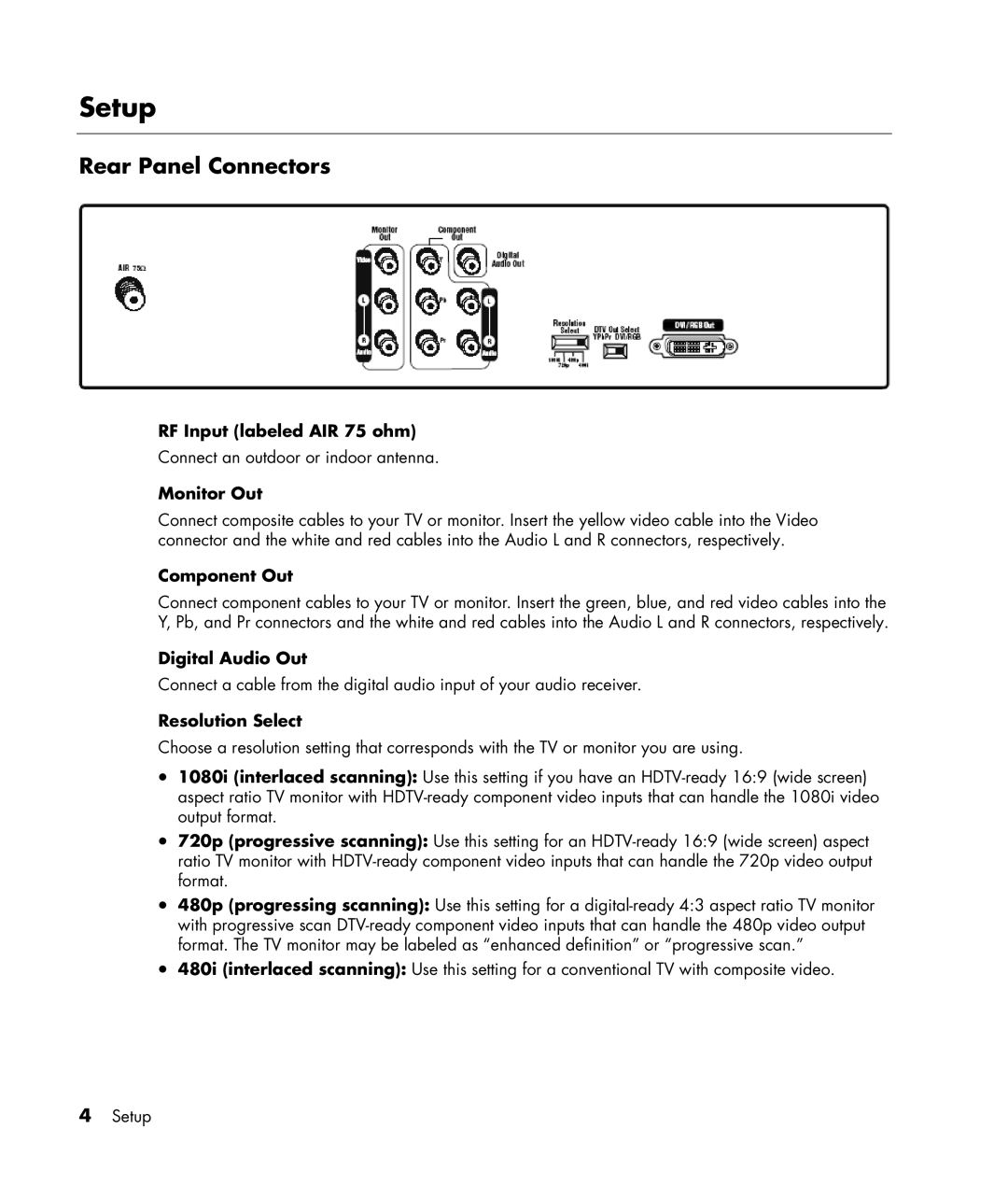 HP MR4000N manual Setup, Rear Panel Connectors 