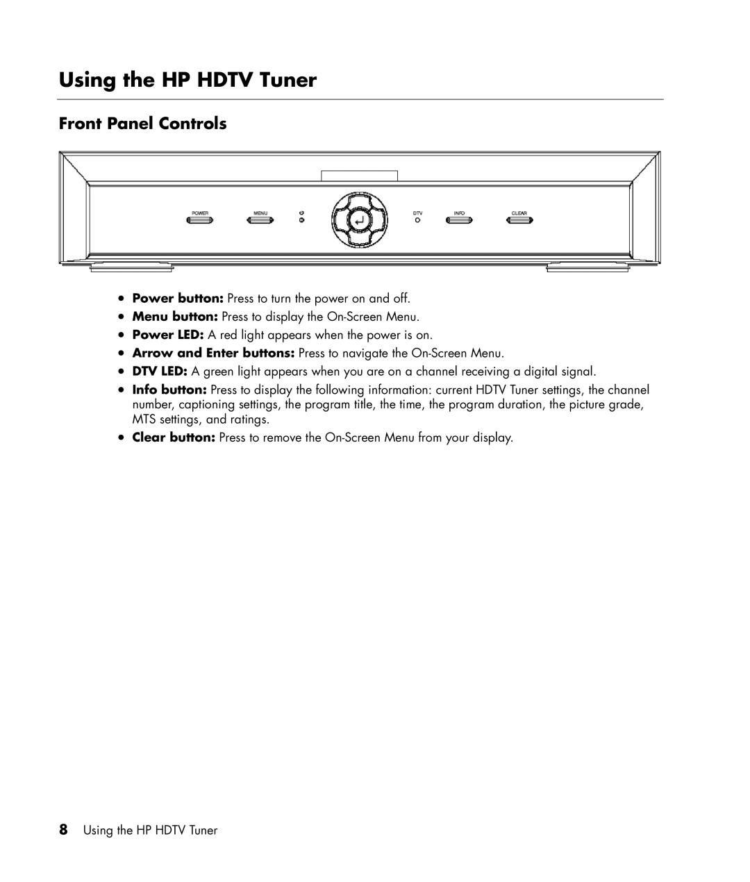 HP MR4000N manual Using the HP Hdtv Tuner, Front Panel Controls 