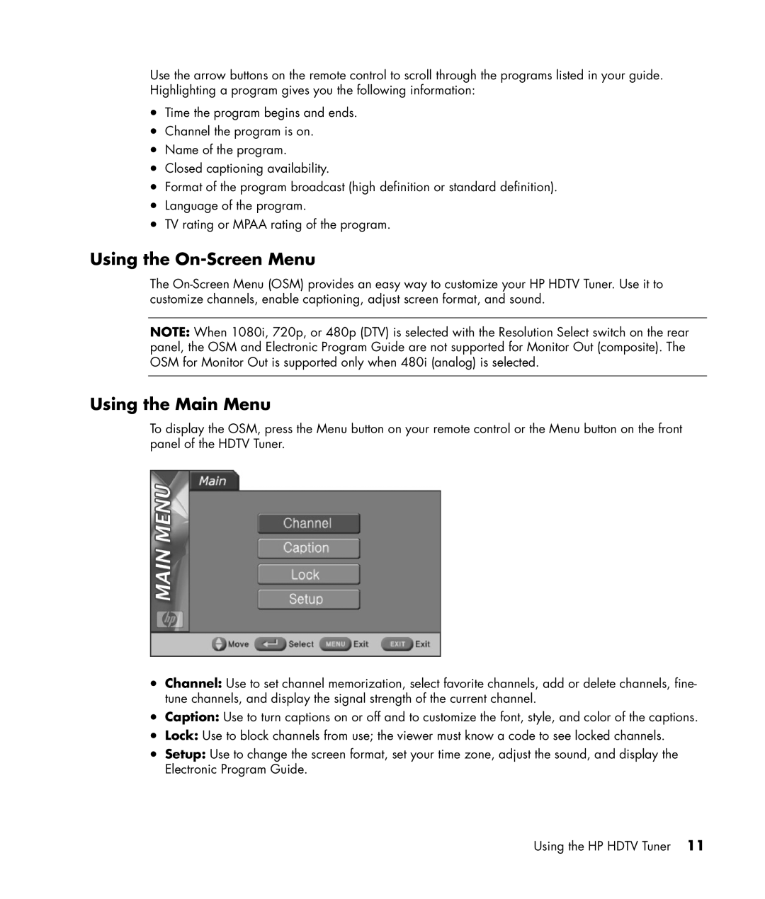 HP MR4000N manual Using the On-Screen Menu, Using the Main Menu 