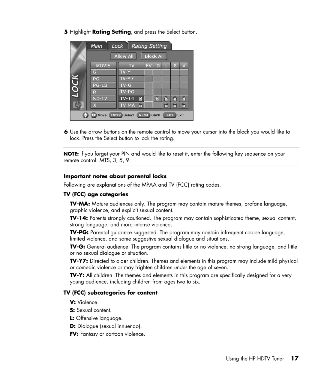 HP MR4000N manual Important notes about parental locks, TV FCC age categories, TV FCC subcategories for content 