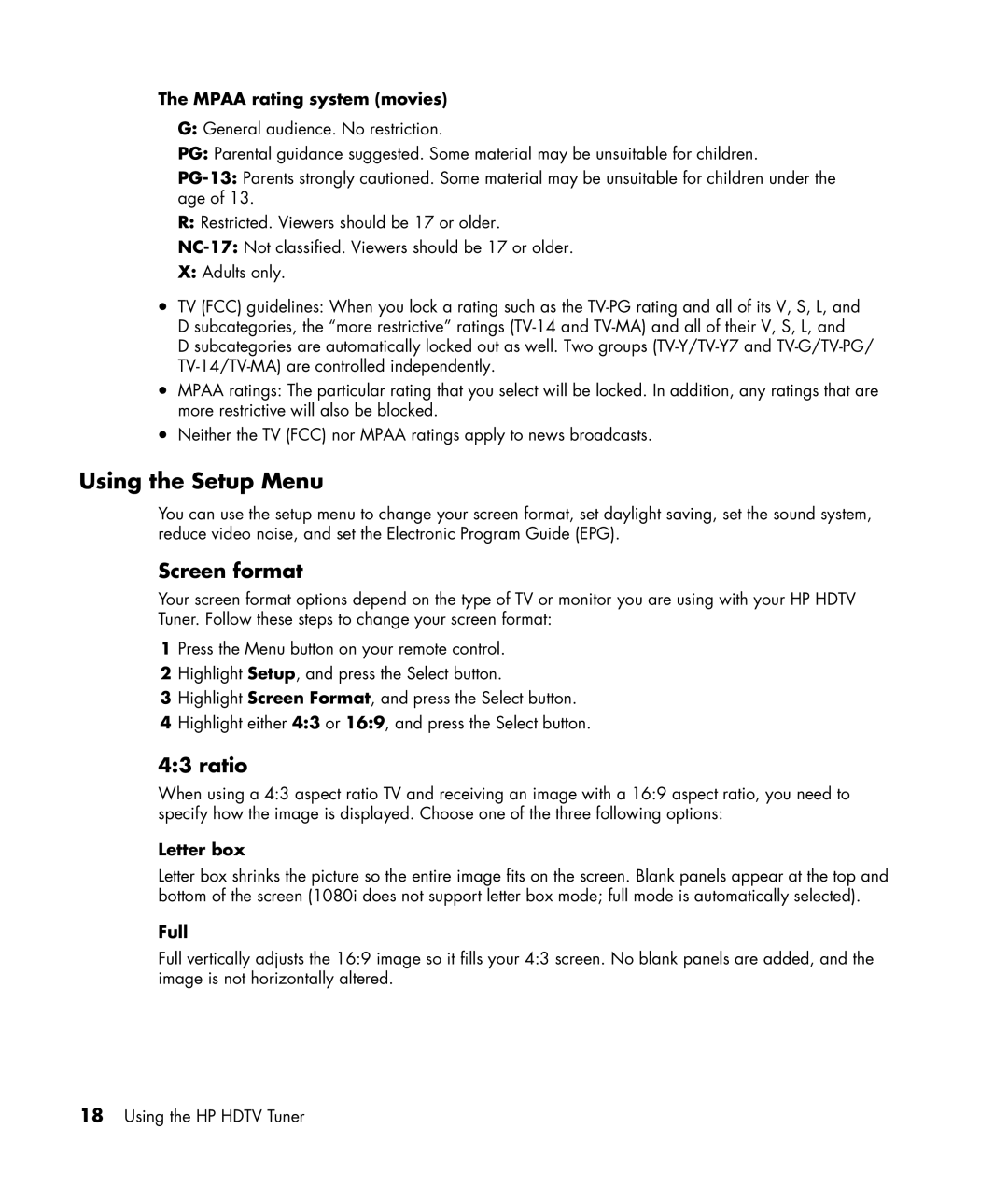 HP MR4000N manual Using the Setup Menu, Screen format, Ratio 