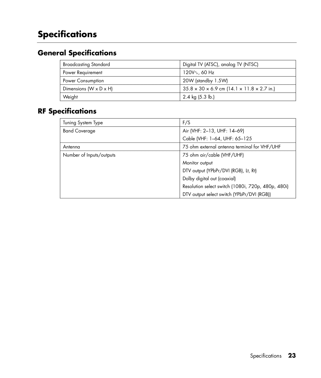 HP MR4000N manual General Specifications, RF Specifications 