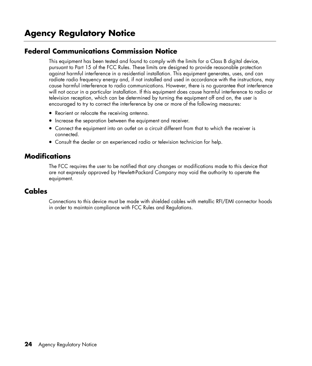 HP MR4000N manual Agency Regulatory Notice, Federal Communications Commission Notice, Modifications, Cables 