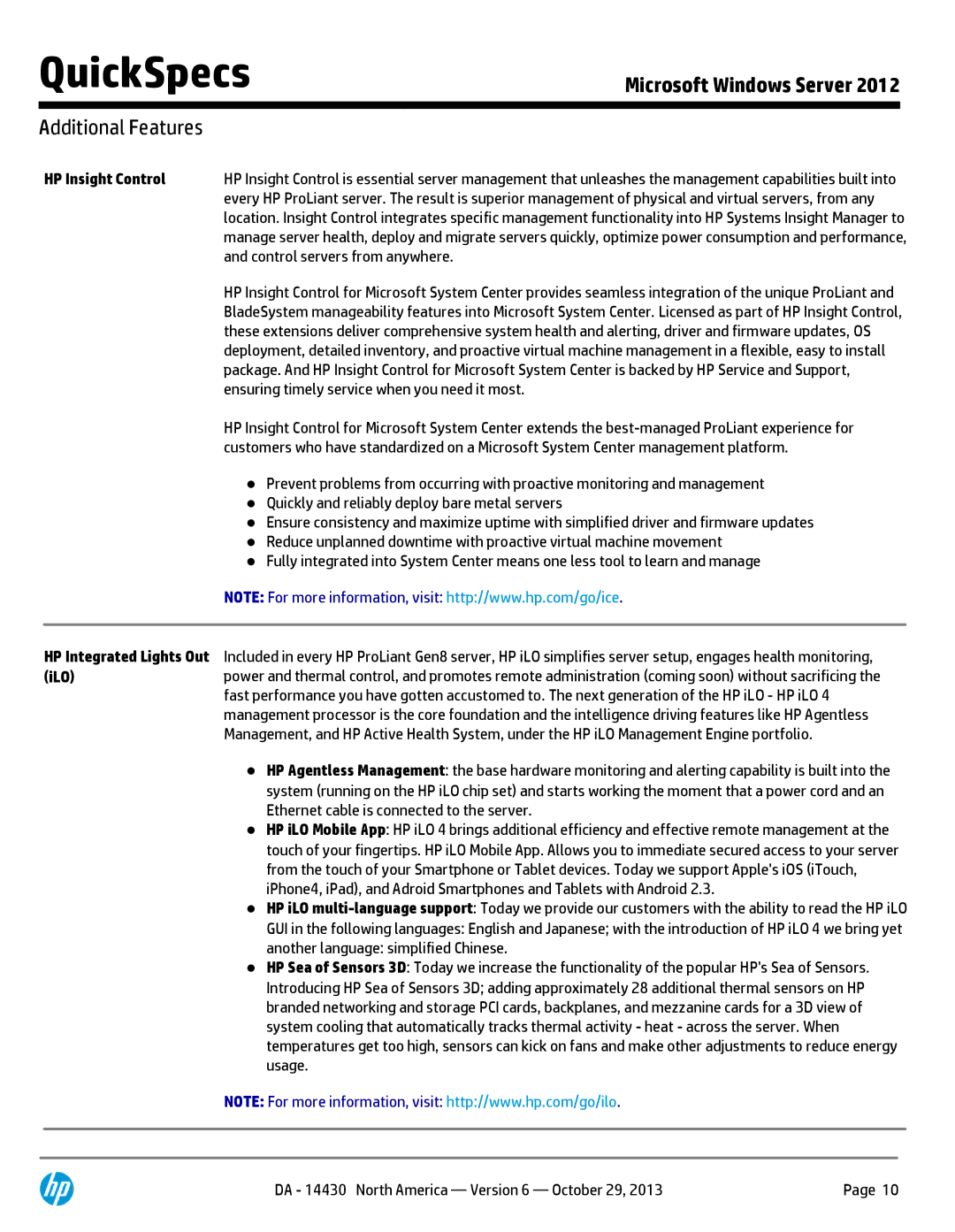 HP MS W2012 Foundation ROK Servers 701591-DN1 manual Additional Features, HP Insight Control, Ilo 