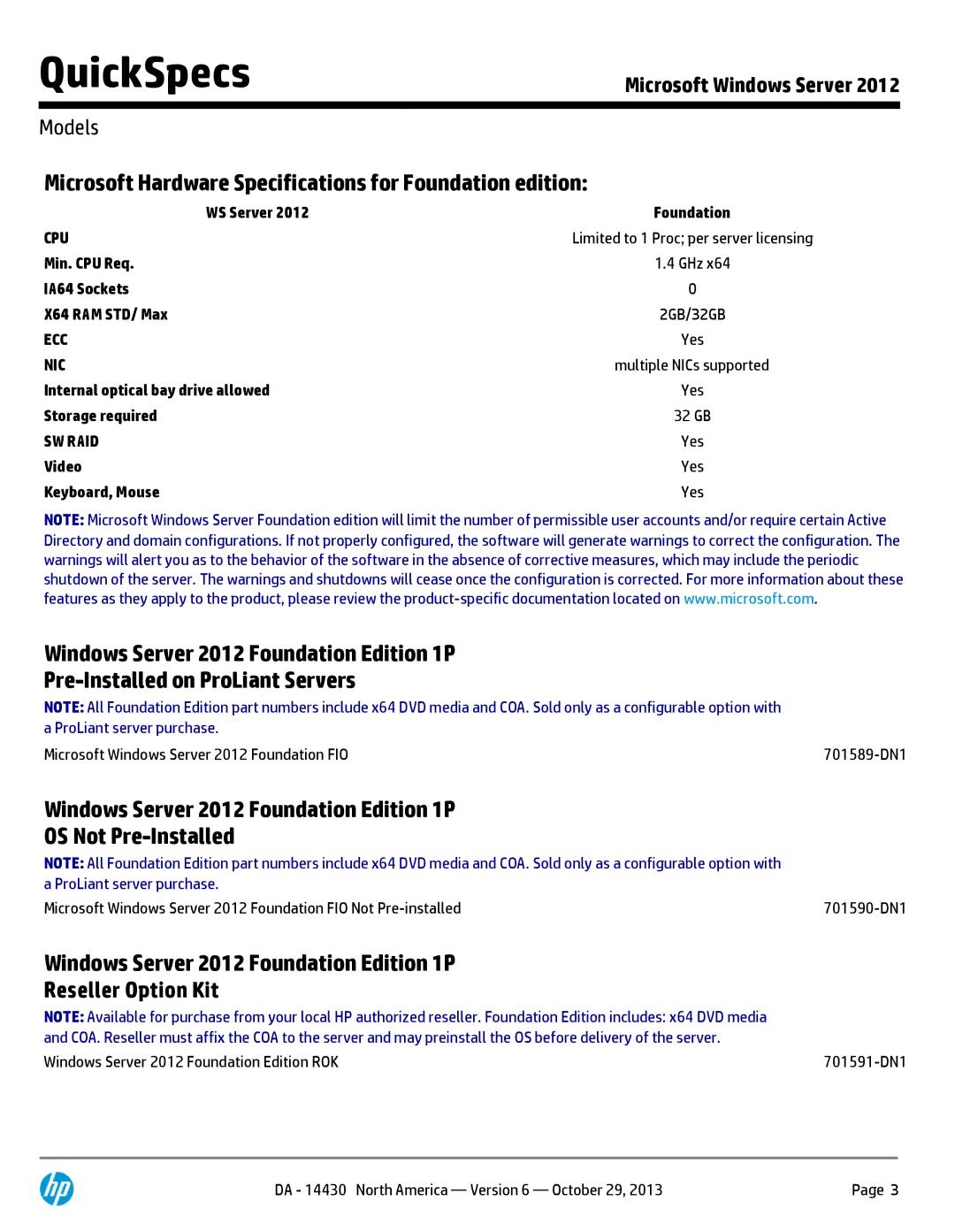 HP MS W2012 RDS 5 User CAL Servers 701605-DN1 manual Microsoft Hardware Specifications for Foundation edition, Models 