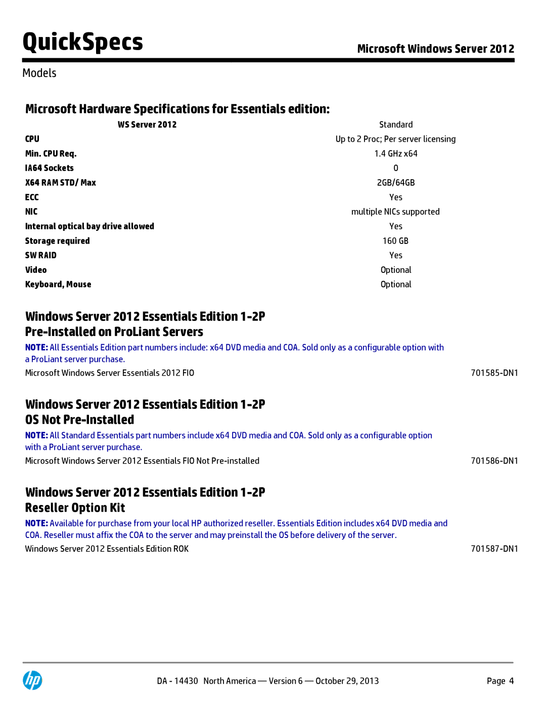 HP MS W2012 Foundation ROK Servers 701591-DN1 manual Microsoft Hardware Specifications for Essentials edition 