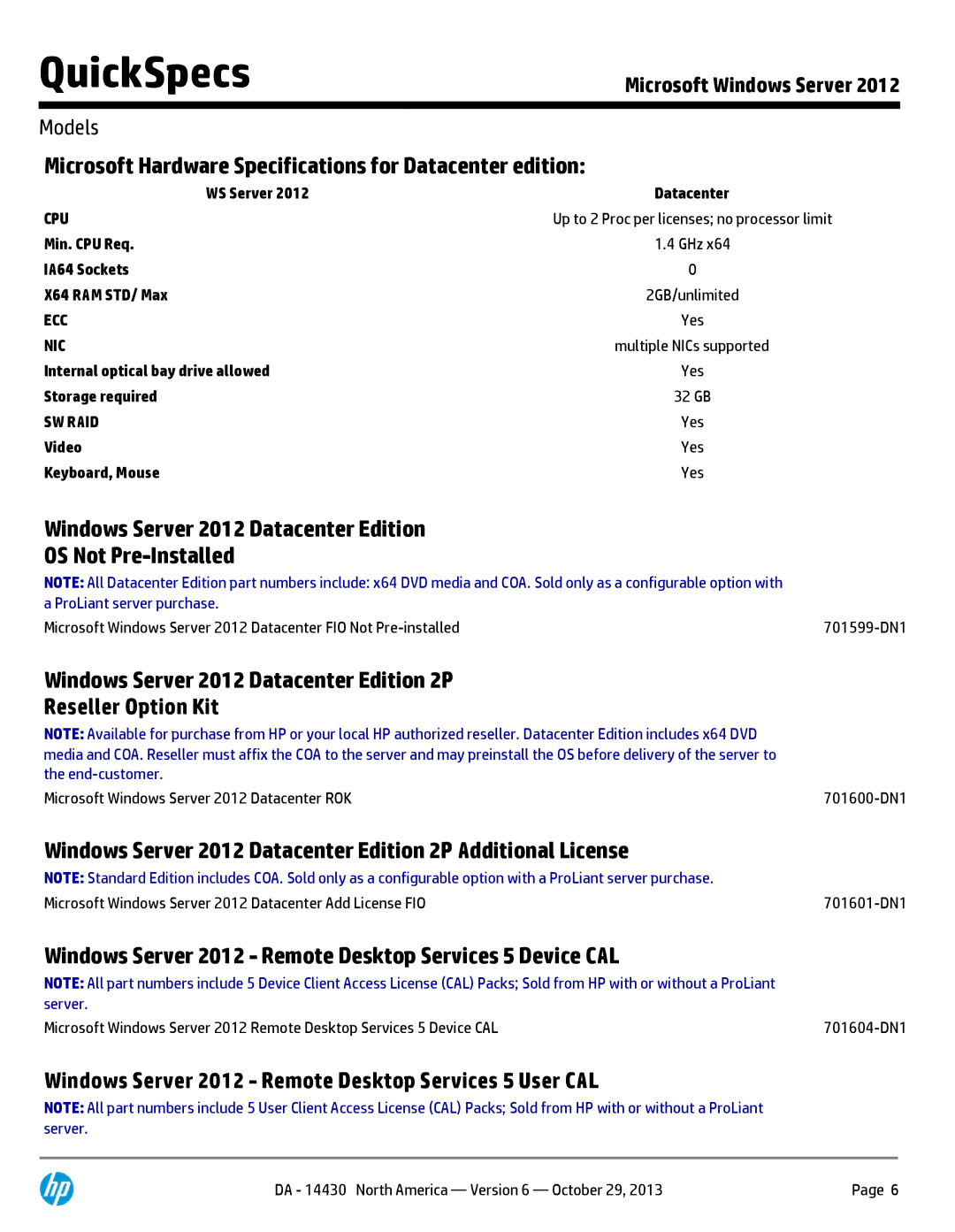 HP MS W2012 Foundation ROK Servers 701591-DN1 manual Microsoft Hardware Specifications for Datacenter edition 