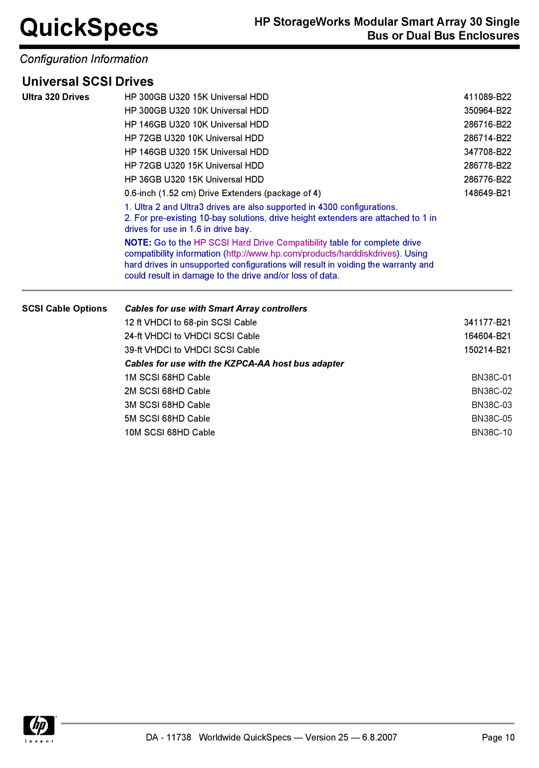 HP MSA30 SB, MSA30 DB manual Ultra 320 Drives, Scsi Cable Options 