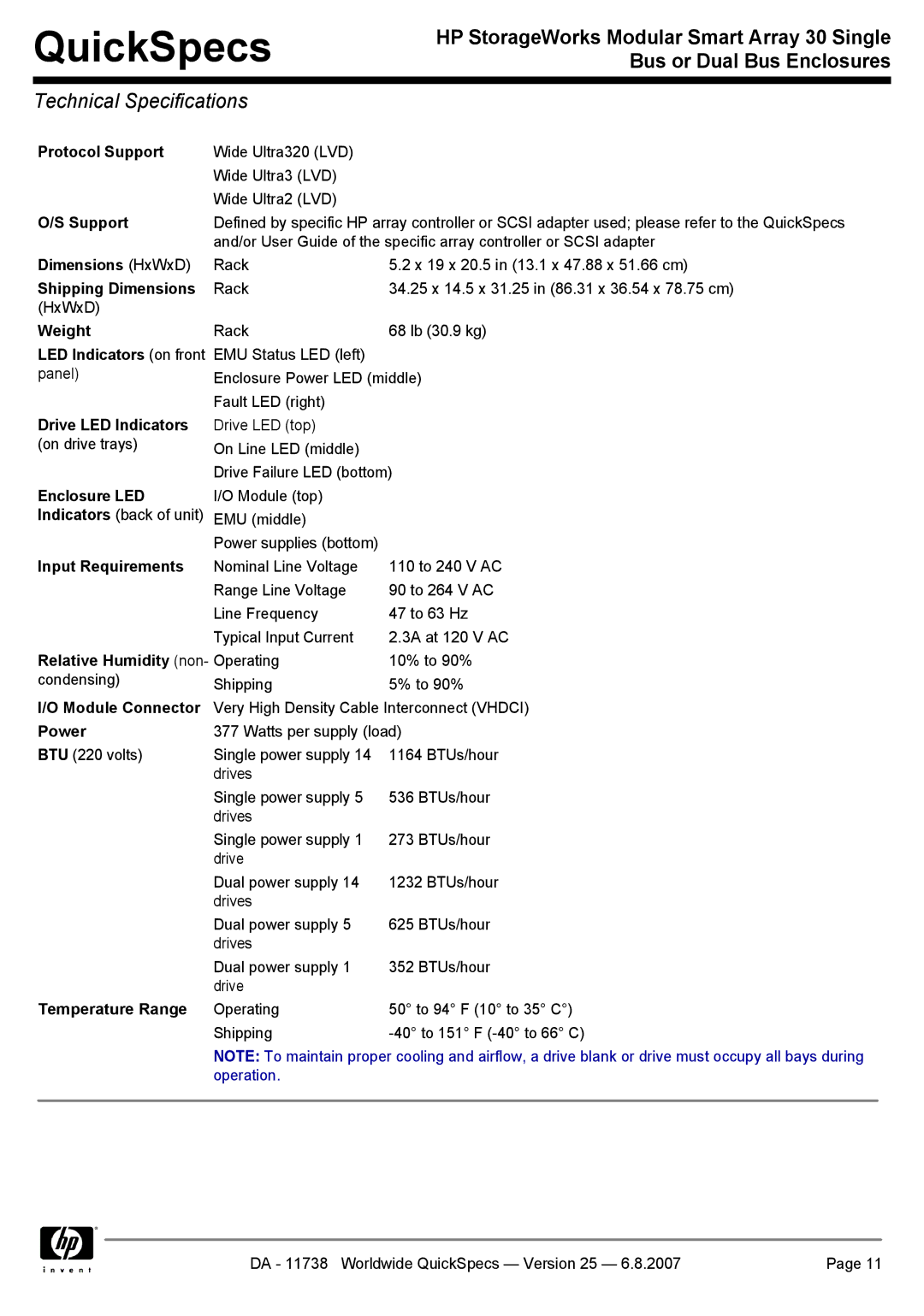 HP MSA30 DB, MSA30 SB manual Technical Specifications 