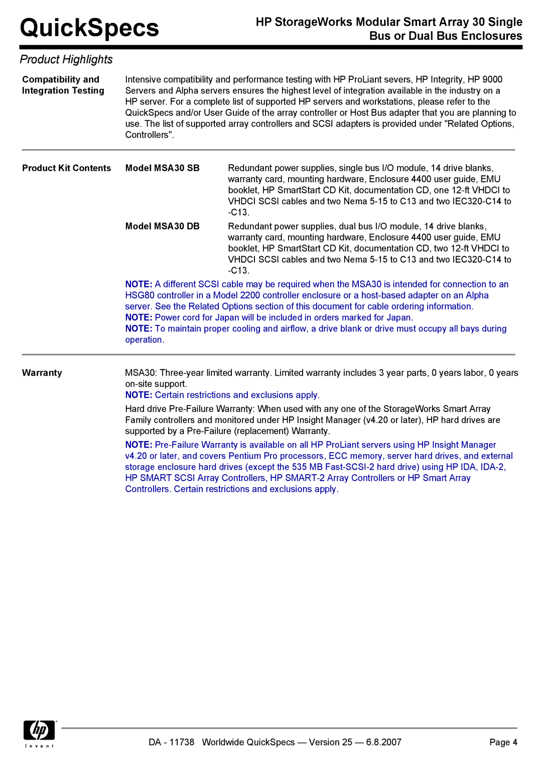 HP MSA30 DB manual Product Kit Contents Model MSA30 SB, Warranty 