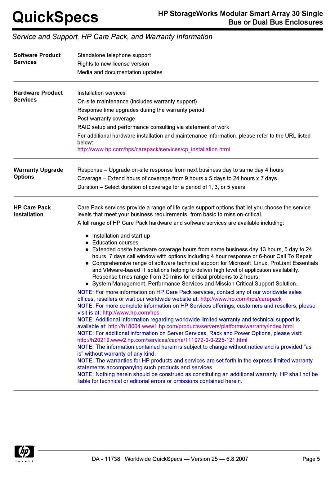 HP MSA30 DB, MSA30 SB manual Service and Support, HP Care Pack, and Warranty Information 