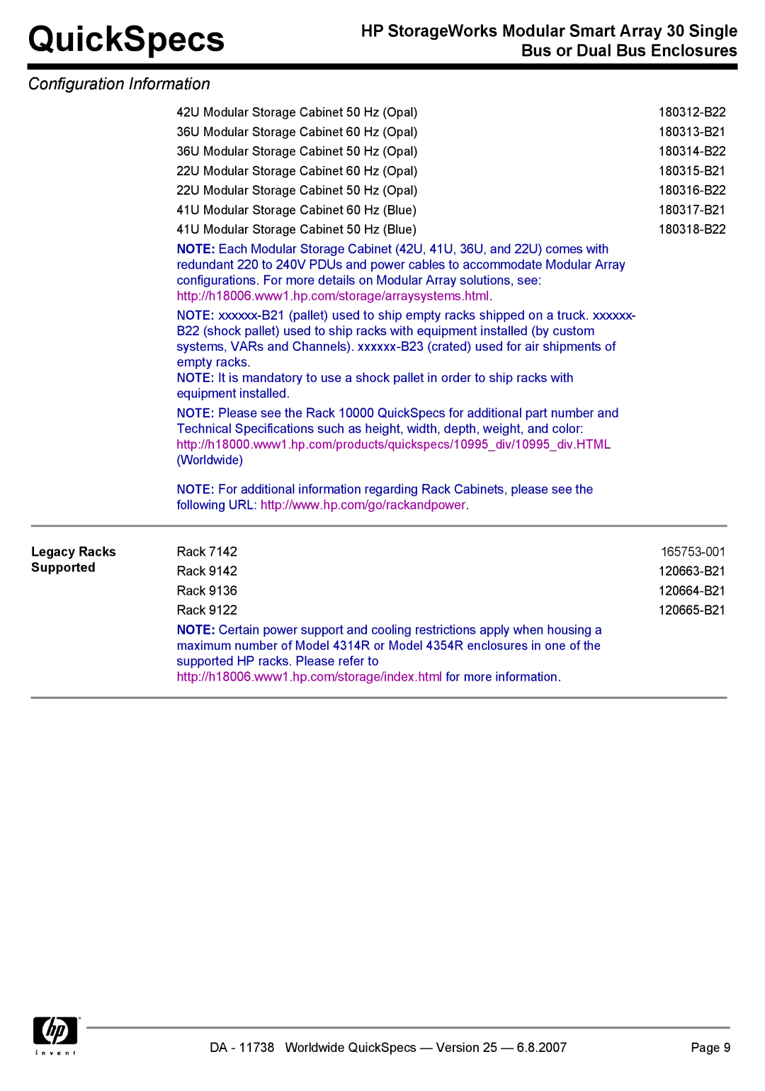 HP MSA30 DB, MSA30 SB manual Legacy Racks 