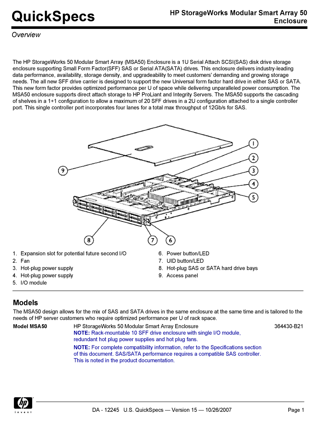 HP MSA50 manual QuickSpecs, Overview 