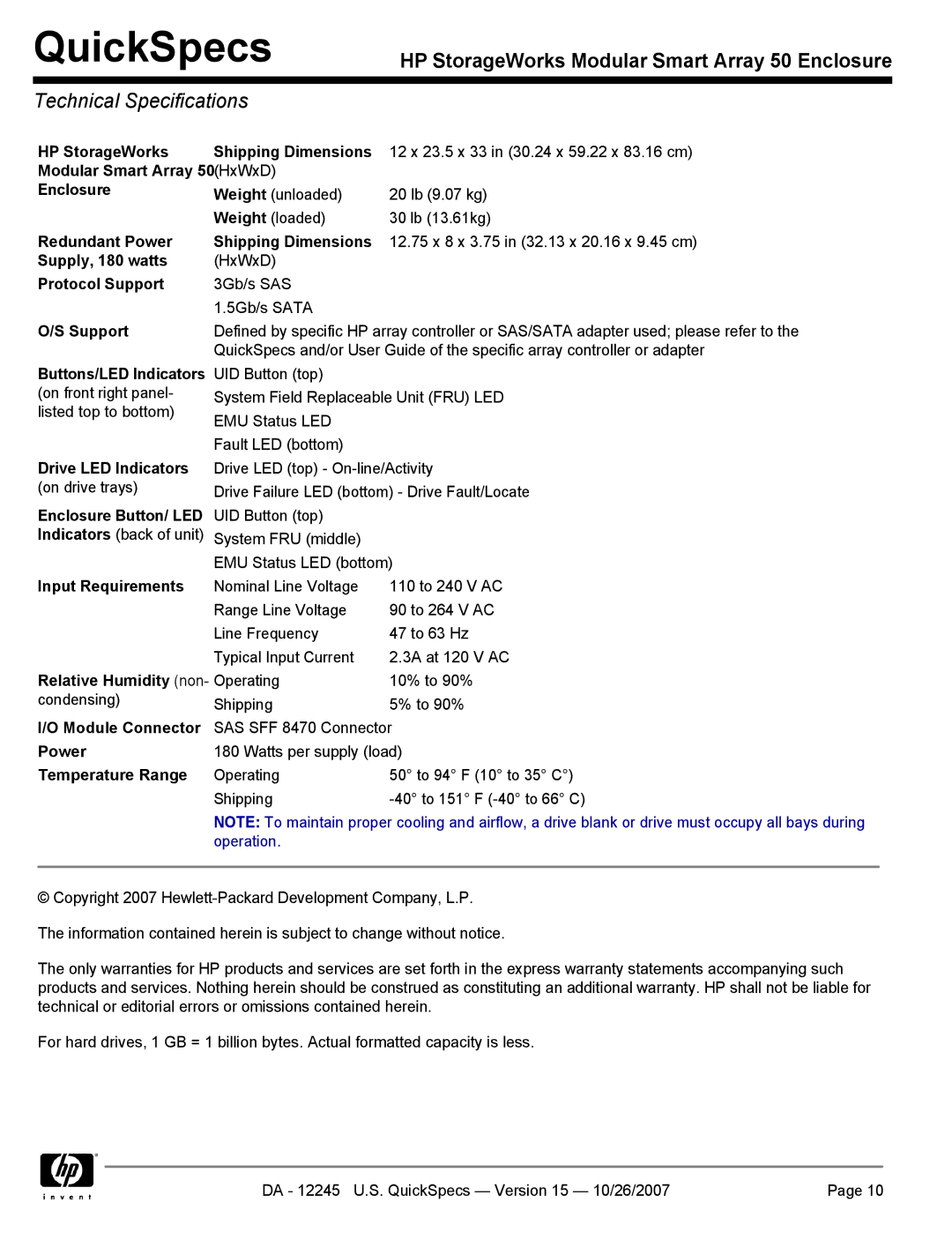 HP MSA50 manual Technical Specifications 