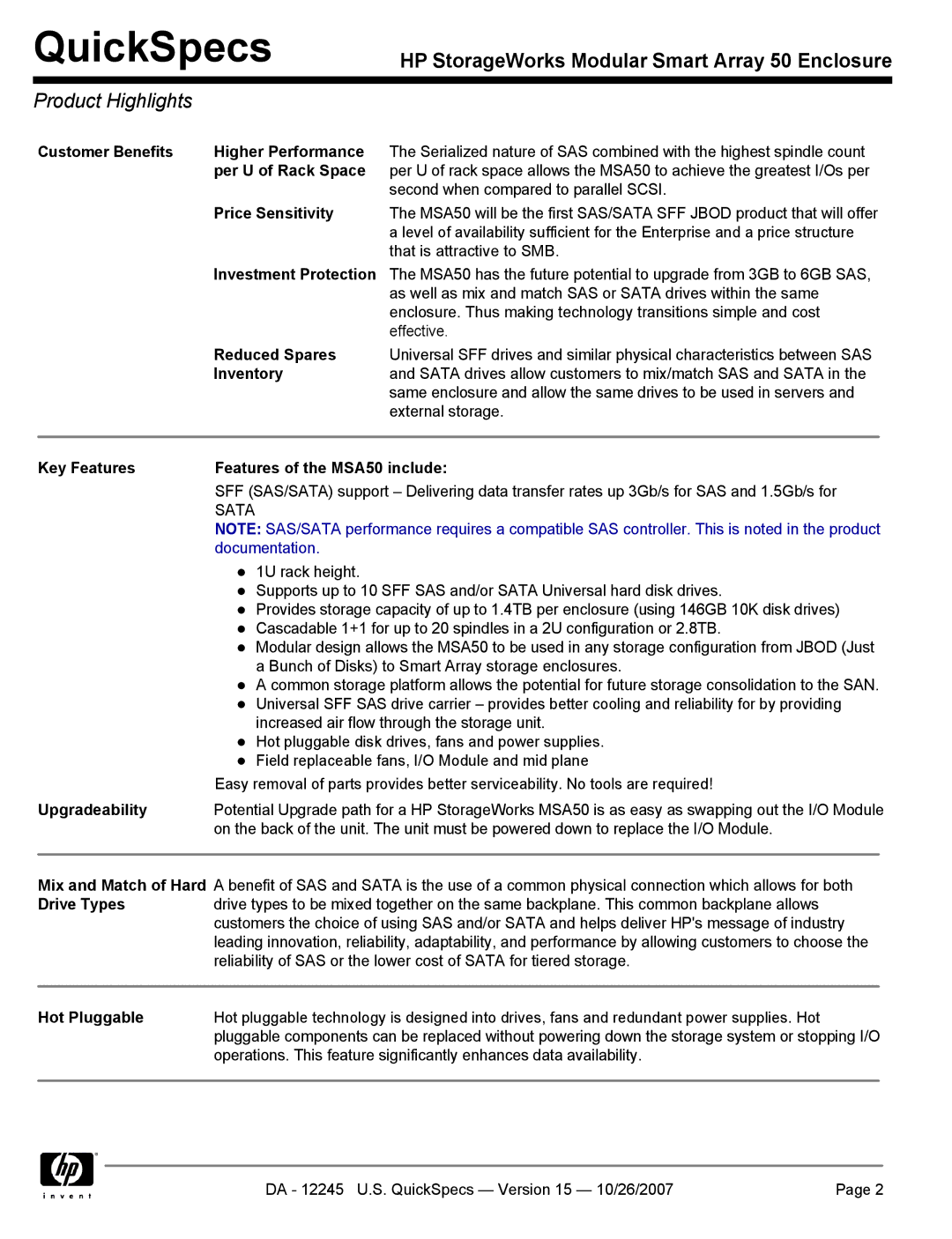 HP MSA50 manual Product Highlights 